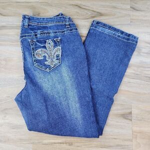 💇‍♀️Lane Bryant Blue Fleur de Lis Embroider Studded Back Pocket Denim Jeans Siz